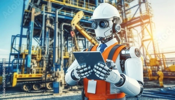 Fototapeta Robotic inspection in industrial facilities oil rig digital technology daylight close-up innovation