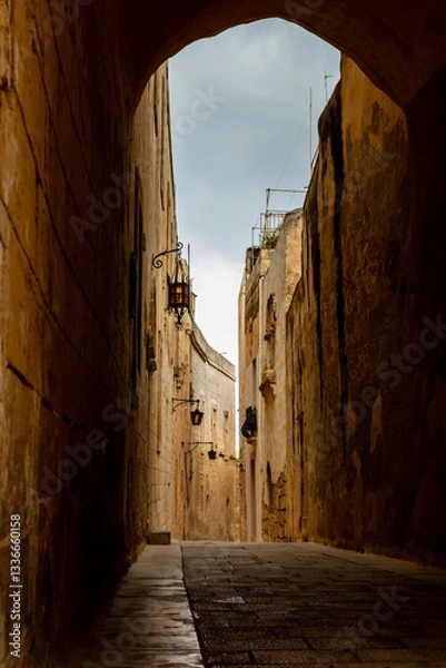 Obraz Historic narrow alley in Mdina, Malta. A picturesque stone-paved street framed by ancient limestone walls and traditional lanterns, capturing the timeless charm of the Silent City