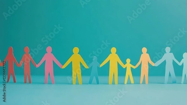 Fototapeta Colorful paper cutouts of diverse people holding hands in a harmonious line against a soft blue background