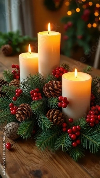 Fototapeta Candles with greenery, pinecones and berries on a wooden table, warm glow, berry
