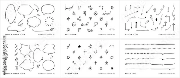 Obraz 罫線と吹き出しと矢印の手書きデザインセット。キラキラや感嘆符も含んだフリーハンドのベクターデザイン素材集。