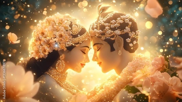 Obraz A tranquil 3D illustration of Goddess Radha with Lord Krishna in a sacred dance, surrounded by light and flowers.