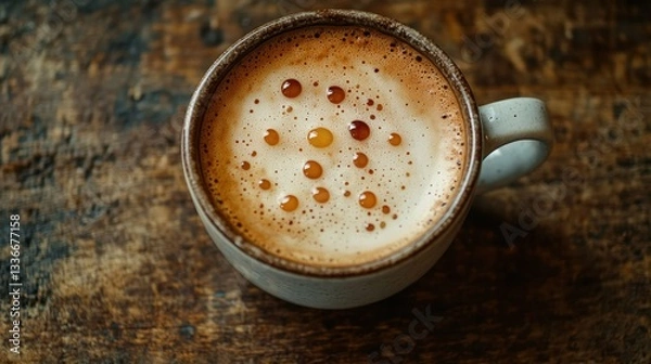 Fototapeta Aromatic latte art on a rustic table