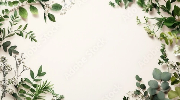 Fototapeta Soft and Serene Woodland Illustrated Branches with Delicate Flowers Around a Gentle Beige Background