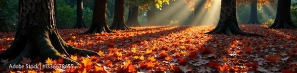Fototapeta Pine tree's shadow stretches across the forest floor covered in fallen red and orange leaves, forest,