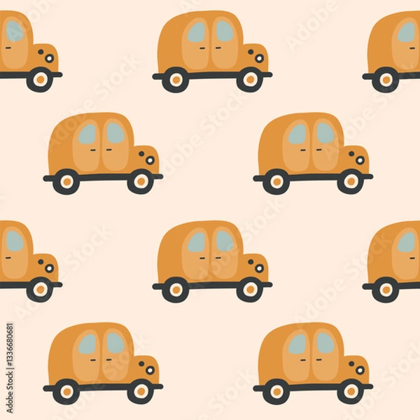 Fototapeta Bohemian baby seamless pattern. Simple childish boho orange cars for nursery, packaging, poster, textile, print, wallpaper. Cartoon nordic hand drawn illustration isolated on beige background.