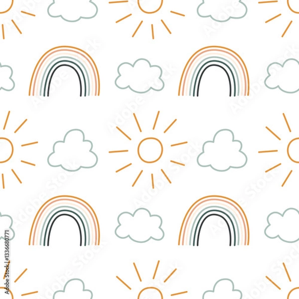 Fototapeta Bohemian baby sun seamless pattern. Simple childish boho elements for nursery, packaging, poster, textile, print, wallpaper. Cartoon nordic hand drawn illustration isolated on white background.