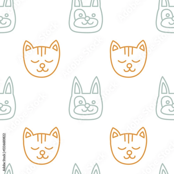 Fototapeta Bohemian baby dog cat seamless pattern. Simple childish boho elements for nursery, packaging, poster, textile, print, wallpaper. Cartoon nordic hand drawn illustration isolated on white background.