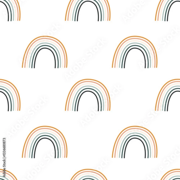 Fototapeta Bohemian baby rainbow seamless pattern. Simple childish boho element for nursery, packaging, poster, textile, print, wallpaper. Cartoon nordic hand drawn illustration isolated on white background.