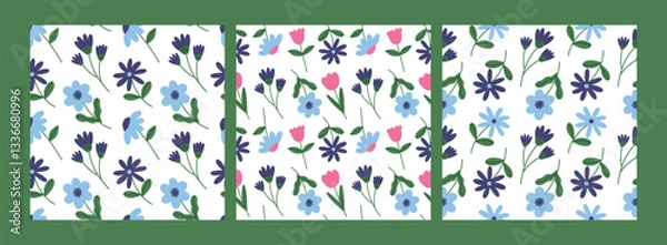 Fototapeta Trendy floral seamless pattern set. Simple childish daisy, tulip, rose. Spring flower template for packaging, postcard, textile, print, wallpaper. Hand drawn illustration isolated on white background.