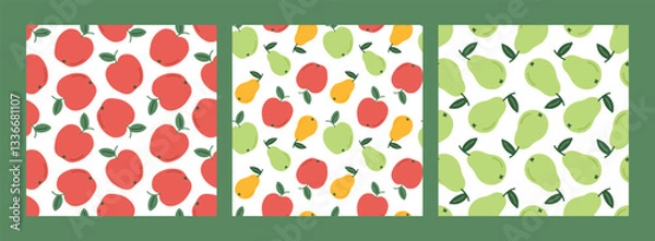 Fototapeta Cute apple pear seamless pattern set. Fruit template for packaging, postcard, printing, wallpaper. Childish minimal print. Cartoon background. Hand drawn doodle illustration isolated on white.