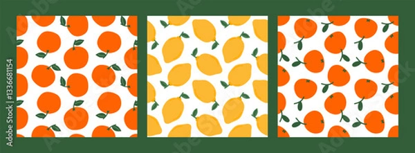 Fototapeta Cute orange mandarin lemon seamless pattern set. Citrus template for packaging, card, print, wallpaper. Childish minimal print. Cartoon background. Hand drawn doodle illustration isolated on white.