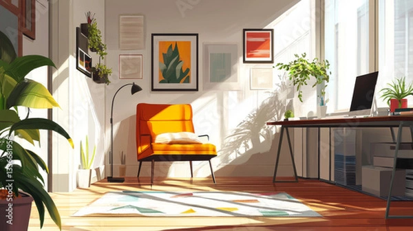 Fototapeta Sunlit room with orange armchair, desk, and plants; a peaceful, bright workspace