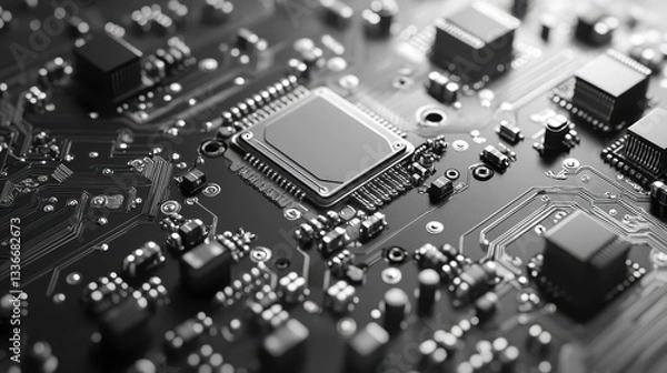 Fototapeta A detailed close-up of a microchip embedded in a black circuit board filled with various electronic components and connections, illuminated softly to highlight textures