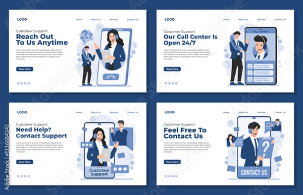 Fototapeta Set of Landing page template Customer support service concept with call center, contact us assistance, and help desk illustration