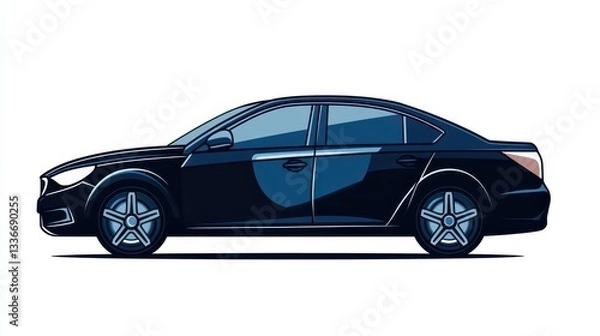 Fototapeta A sleek black sedan is parked against a minimalist urban backdrop. The vehicle showcases modern design elements and is bathed in sunlight, creating a striking visual contrast