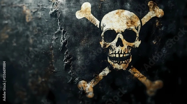 Fototapeta Faded Jolly Roger flag against a moonlit sea, conveying an aura of mystery, danger, and ancient maritime legends, book-style adventure illustration