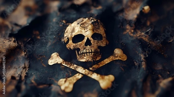 Fototapeta Jolly Roger flag with eerie skull design, representing pirate life, fearsome reputation, and lawless ocean voyages, adventure-themed storytelling, vintage comic book style