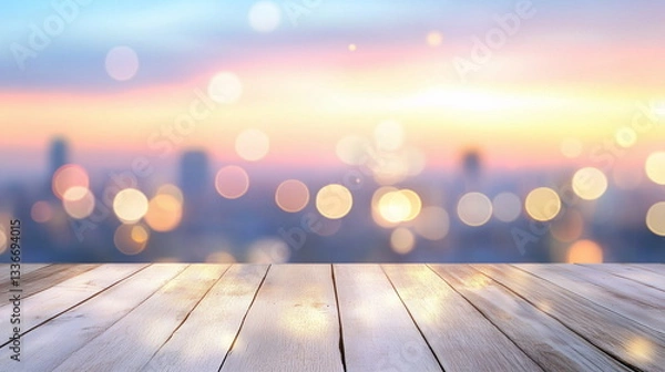 Obraz Wooden tabletop in the foreground with a soft, blurred bokeh light background. Ideal for product display, presentations, or design projects with a warm and inviting atmosphere.