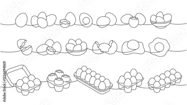 Fototapeta Fresh eggs set one line continuous drawing. Boiled eggs, broken eggshell, omelette, protein and yolk. Vector illustration