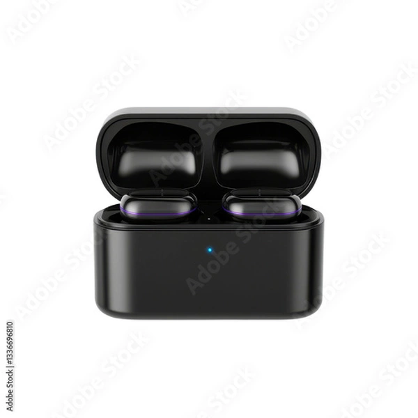 Fototapeta Stylish Black Wireless Earbuds with Charging Case, Modern Design, Noise Cancellation Features, and High-Quality Sound Experience