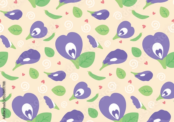 Fototapeta A delightful repeating pattern featuring Butterfly Pea, green leaves, and spirals on a light backdrop, evoking a playful and natural aesthetic.