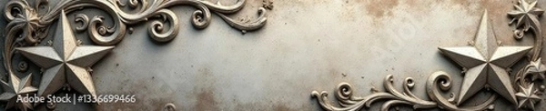 Fototapeta Grunge paper texture with embossed silver star and swirls, grunge paper texture, ornate, metallic