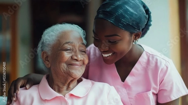 Fototapeta Caring nurse smiles warmly at elderly woman in a cozy indoor setting, showcasing compassion and connection