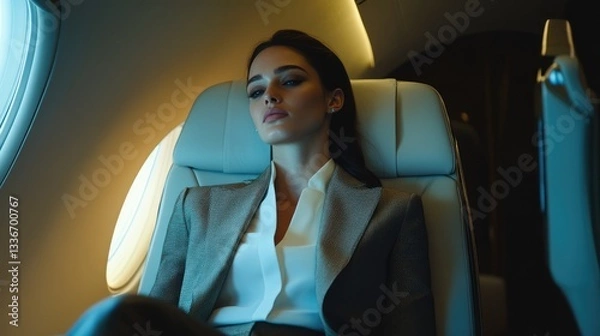 Fototapeta Elegant woman in a business suit relaxing in a private jet, with soft lighting creating a serene atmosphere