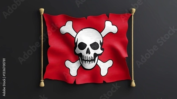 Fototapeta Jolly Roger pirate flag with skull and crossbones, waving in the wind, symbol of maritime adventure and piracy, vintage nautical theme, book illustration style