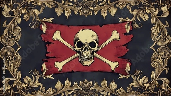 Fototapeta Jolly Roger pirate flag with skull and crossbones, waving in the wind, symbol of maritime adventure and piracy, vintage nautical theme, book illustration style