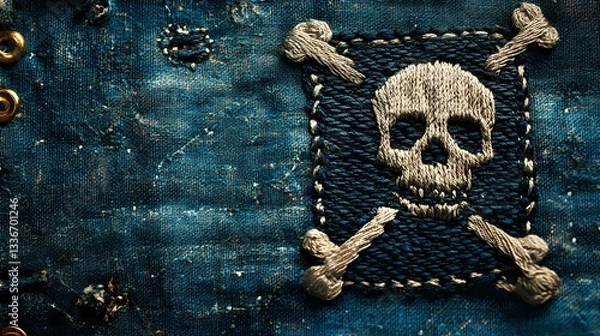 Fototapeta Jolly Roger pirate flag with skull and crossbones, waving in the wind, symbol of maritime adventure and piracy, vintage nautical theme, book illustration style