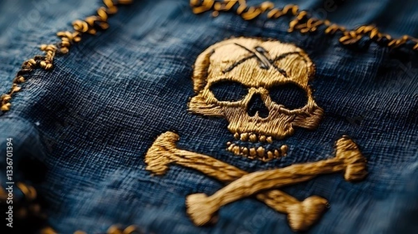 Fototapeta Jolly Roger pirate flag with skull and crossbones, waving in the wind, symbol of maritime adventure and piracy, vintage nautical theme, book illustration style