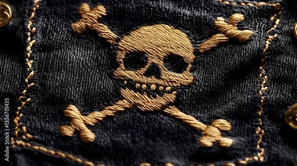 Fototapeta Jolly Roger pirate flag with skull and crossbones, waving in the wind, symbol of maritime adventure and piracy, vintage nautical theme, book illustration style