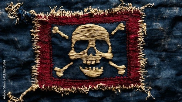 Fototapeta Jolly Roger pirate flag with skull and crossbones, waving in the wind, symbol of maritime adventure and piracy, vintage nautical theme, book illustration style