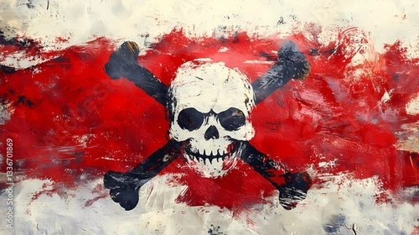 Fototapeta Jolly Roger pirate flag with skull and crossbones, waving in the wind, symbol of maritime adventure and piracy, vintage nautical theme, book illustration style