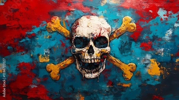 Fototapeta Jolly Roger pirate flag with skull and crossbones, waving in the wind, symbol of maritime adventure and piracy, vintage nautical theme, book illustration style