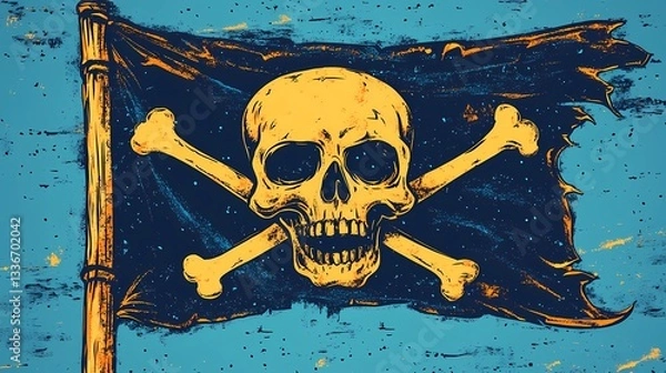 Fototapeta Jolly Roger pirate flag with skull and crossbones, waving in the wind, symbol of maritime adventure and piracy, vintage nautical theme, book illustration style