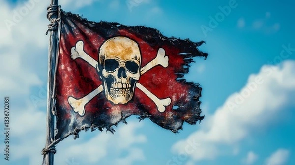 Fototapeta Jolly Roger pirate flag with skull and crossbones, waving in the wind, symbol of maritime adventure and piracy, vintage nautical theme, book illustration style