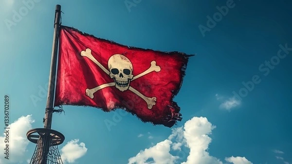Fototapeta Jolly Roger pirate flag with skull and crossbones, waving in the wind, symbol of maritime adventure and piracy, vintage nautical theme, book illustration style