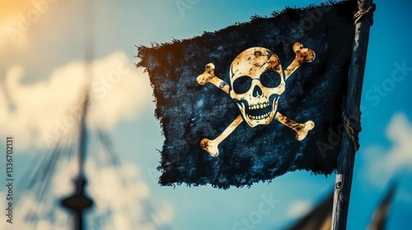 Fototapeta Jolly Roger pirate flag with skull and crossbones, waving in the wind, symbol of maritime adventure and piracy, vintage nautical theme, book illustration style