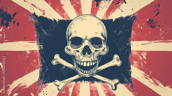 Fototapeta Jolly Roger pirate flag with skull and crossbones, waving in the wind, symbol of maritime adventure and piracy, vintage nautical theme, book illustration style