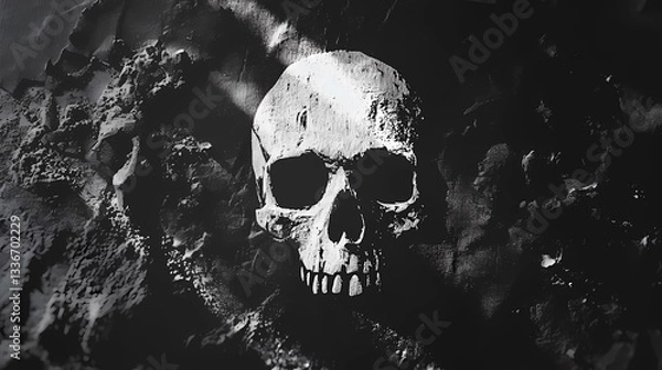 Fototapeta Jolly Roger pirate flag with skull and crossbones, waving in the wind, symbol of maritime adventure and piracy, vintage nautical theme, book illustration style