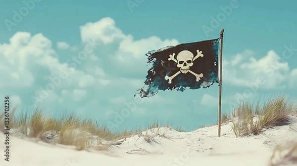 Fototapeta Jolly Roger pirate flag with skull and crossbones, waving in the wind, symbol of maritime adventure and piracy, vintage nautical theme, book illustration style