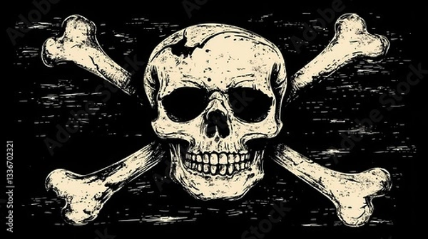 Fototapeta Jolly Roger pirate flag with skull and crossbones, waving in the wind, symbol of maritime adventure and piracy, vintage nautical theme, book illustration style