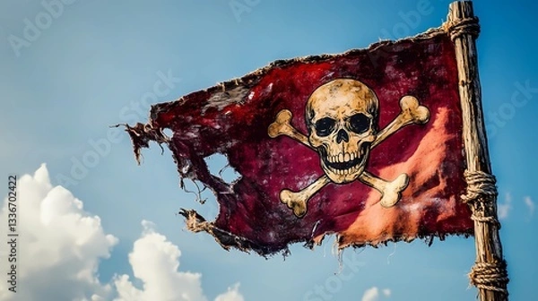 Fototapeta Jolly Roger pirate flag with skull and crossbones, waving in the wind, symbol of maritime adventure and piracy, vintage nautical theme, book illustration style