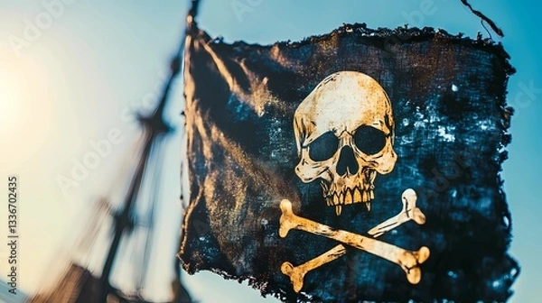 Fototapeta Jolly Roger pirate flag with skull and crossbones, waving in the wind, symbol of maritime adventure and piracy, vintage nautical theme, book illustration style