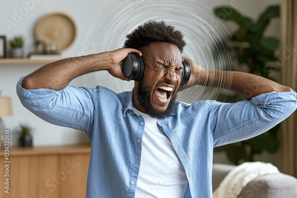 Obraz A man enjoying music while wearing headphones, expressing intense emotions