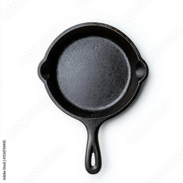 Fototapeta Realistic photography of a cast iron skillet displaying its sturdy design and versatile cooking capabilities on a neutral background providing generous copy space for text and creative uses