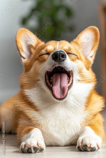 Fototapeta Corgi yawning with joyful expression, showcasing its playful nature and fluffy fur. This adorable dog exudes happiness and